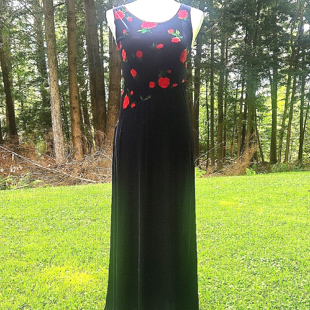 Y2K  Black W/ Red Roses Velvet Grunge Goth Whimsigoth Full-length Fantasy Dresss